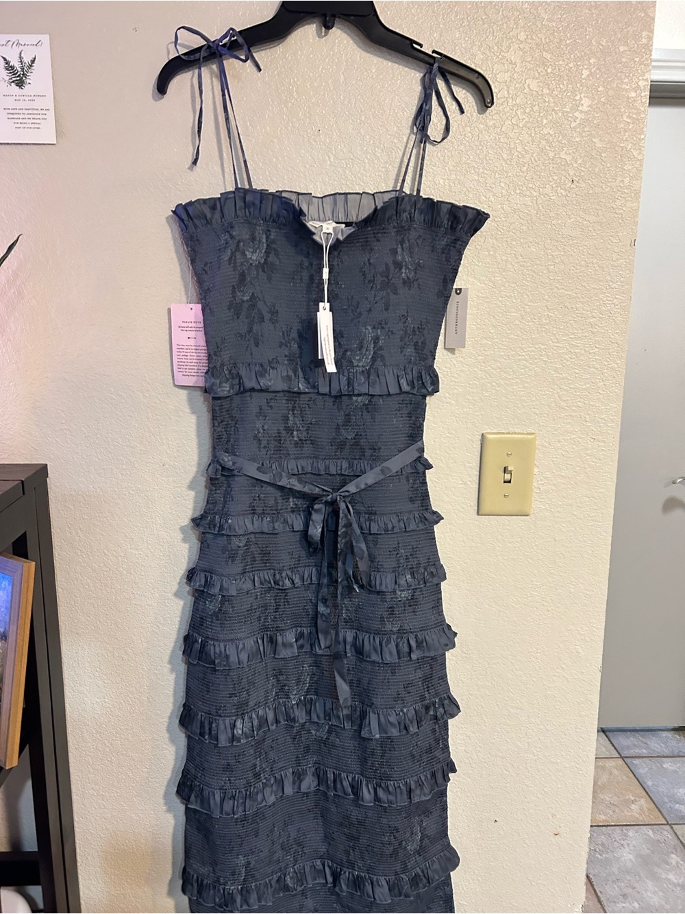 V. Chapman Navy Bouquet Ruffle-Tiered Midi Dress